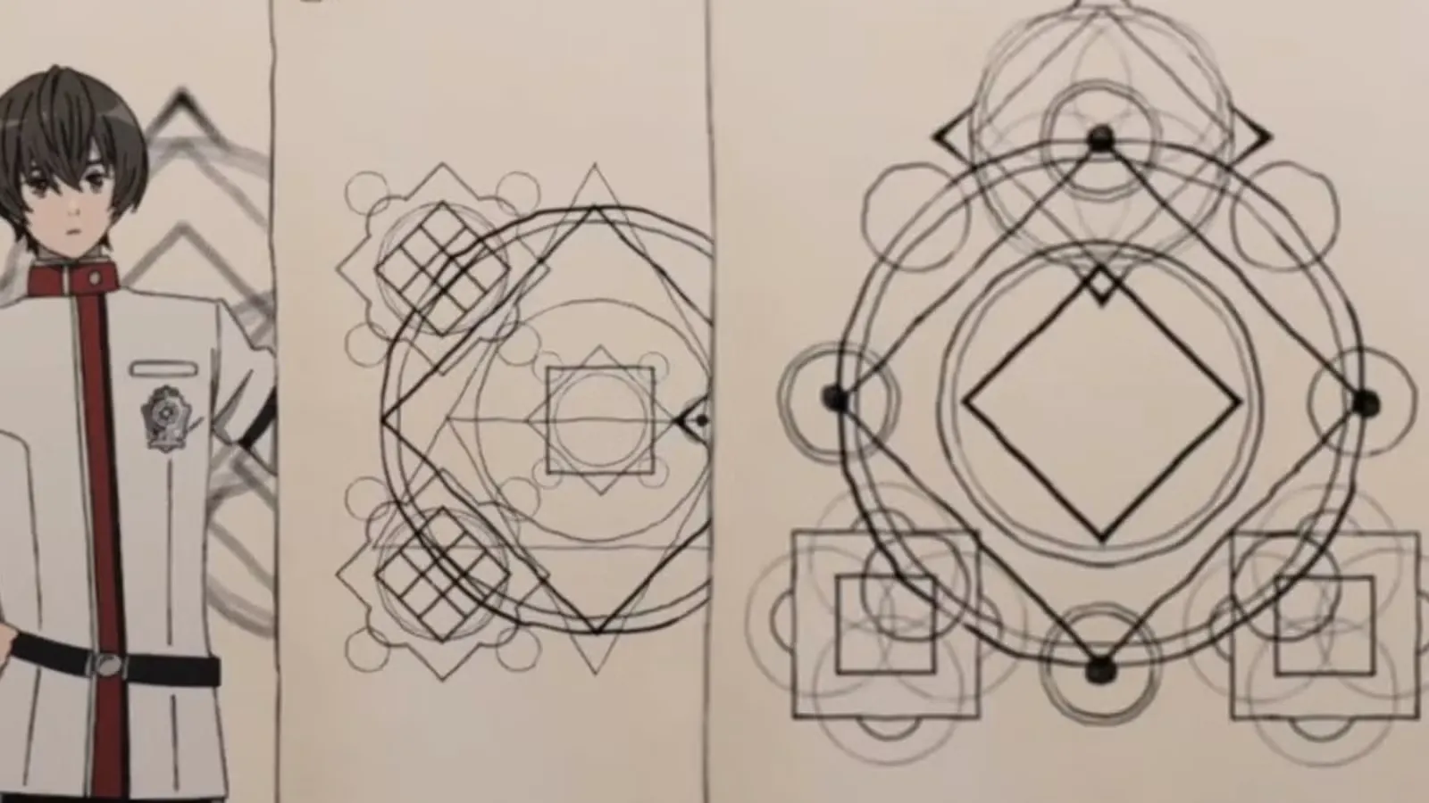 Um estudante diante de folhas cobertas de diagramas de círculos e quadrados.