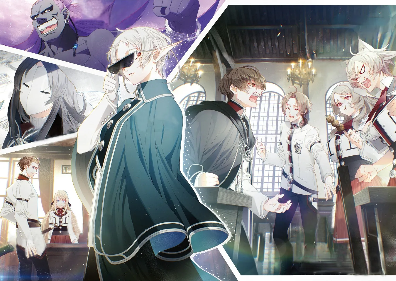Um salão cheio de gente na Universidade de Magia: uma elfa de cabelo branco e óculos escuros no centro, um gigante de pele cinza atrás.