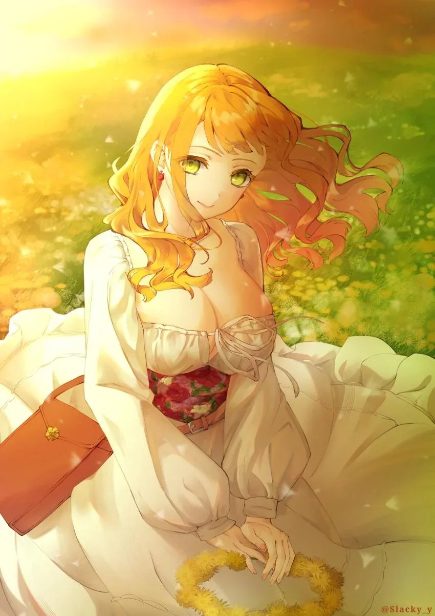 Uma curandeira de vestido branco sentada num campo de flores ao pôr do sol.