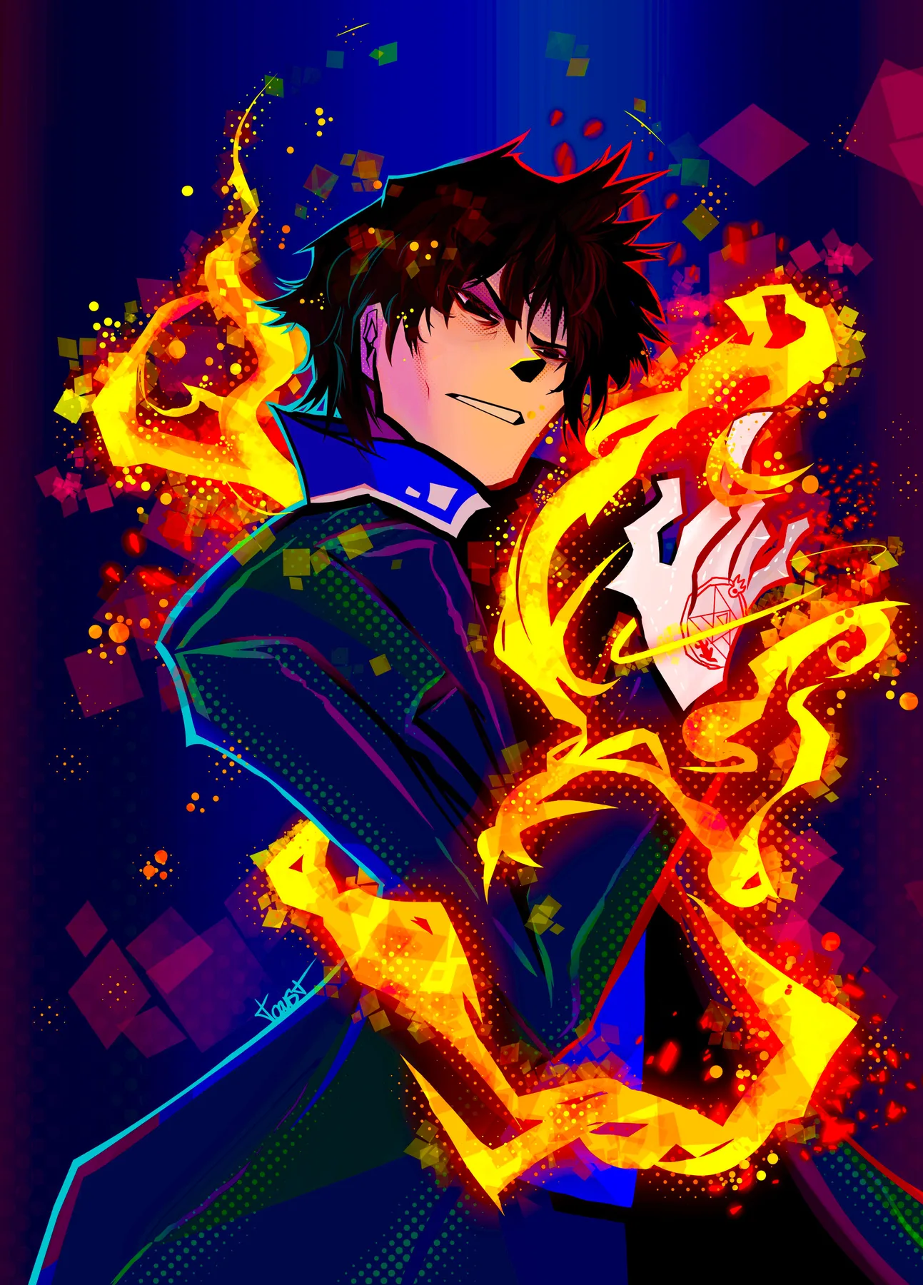 Um mago envolto por espirais de fogo, abrindo a escola de Magia de Fogo.